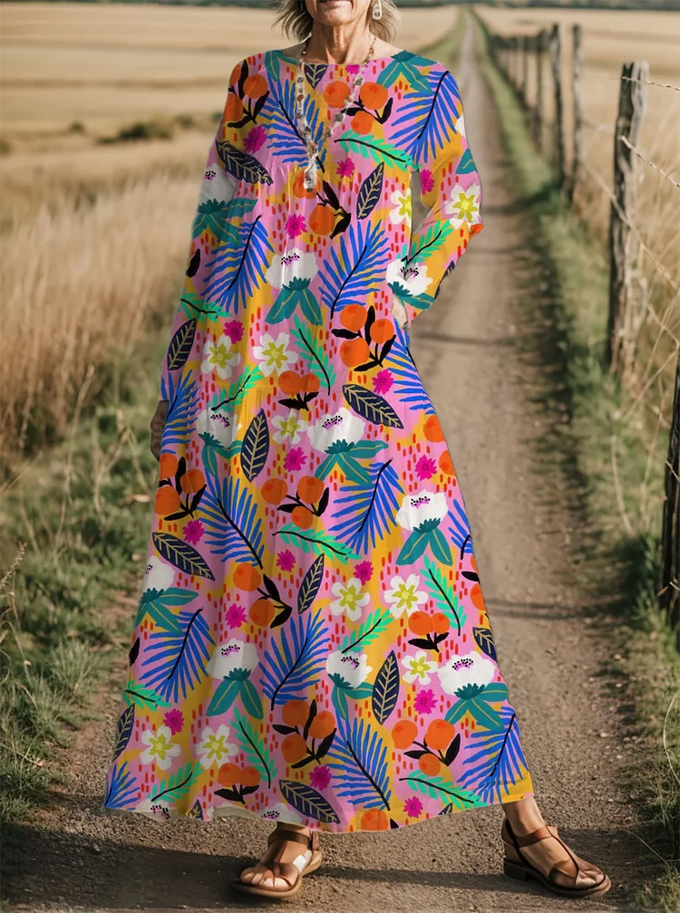 Women's Ripe Fruit Flower Splicing Print Long Sleeve Casual Dress socialshop