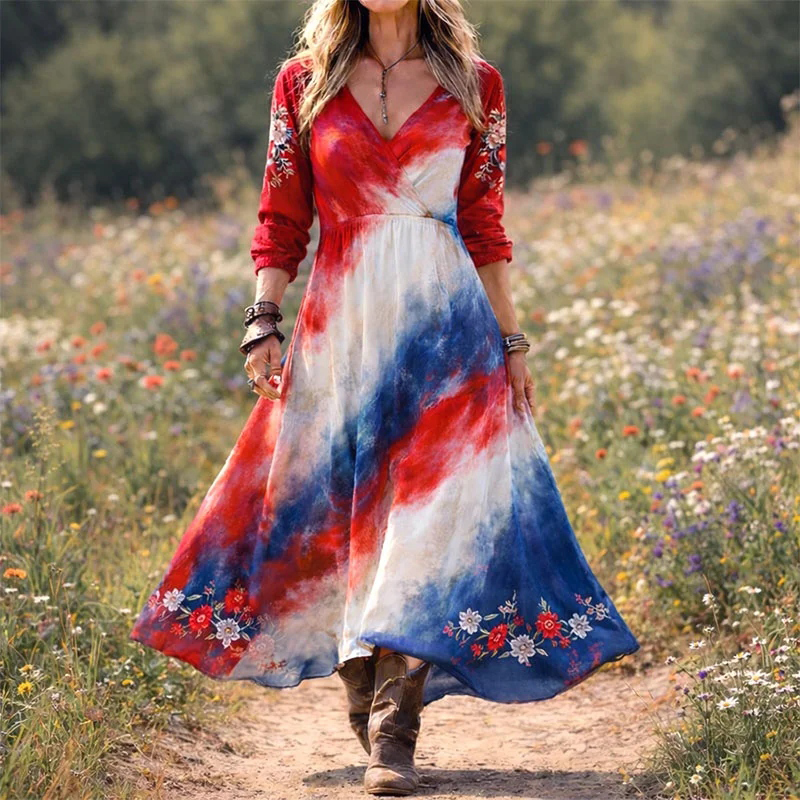  Women's Independence Day Floral Print Tie-dye Casual Linen Blend Maxi Dress Westsshops