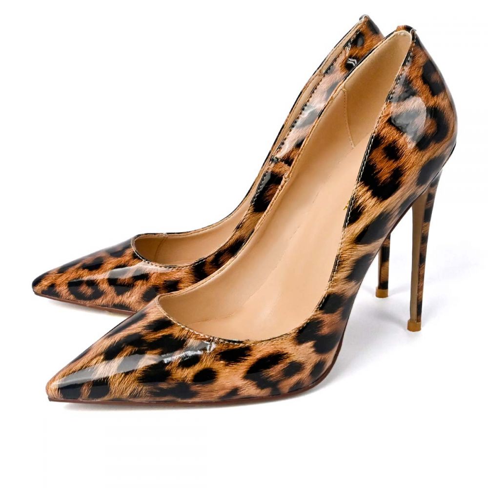 Women's Leopard Print Stiletto Heels Patent Leather Pointed Toe Pumps Nicepairs