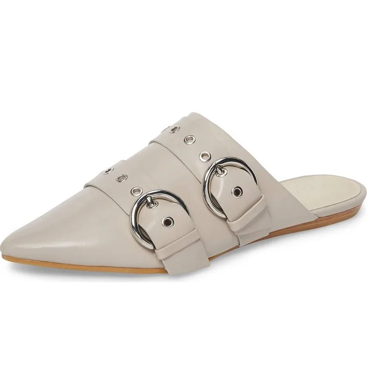 Light Grey Pointed Toe Flats Women's Buckled Mules |FSJ Shoes