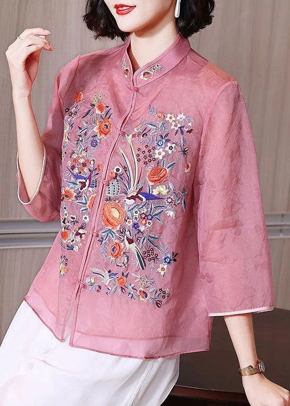 Pink Patchwork Chiffon Shirts Embroideried Stand Collar Button Summer