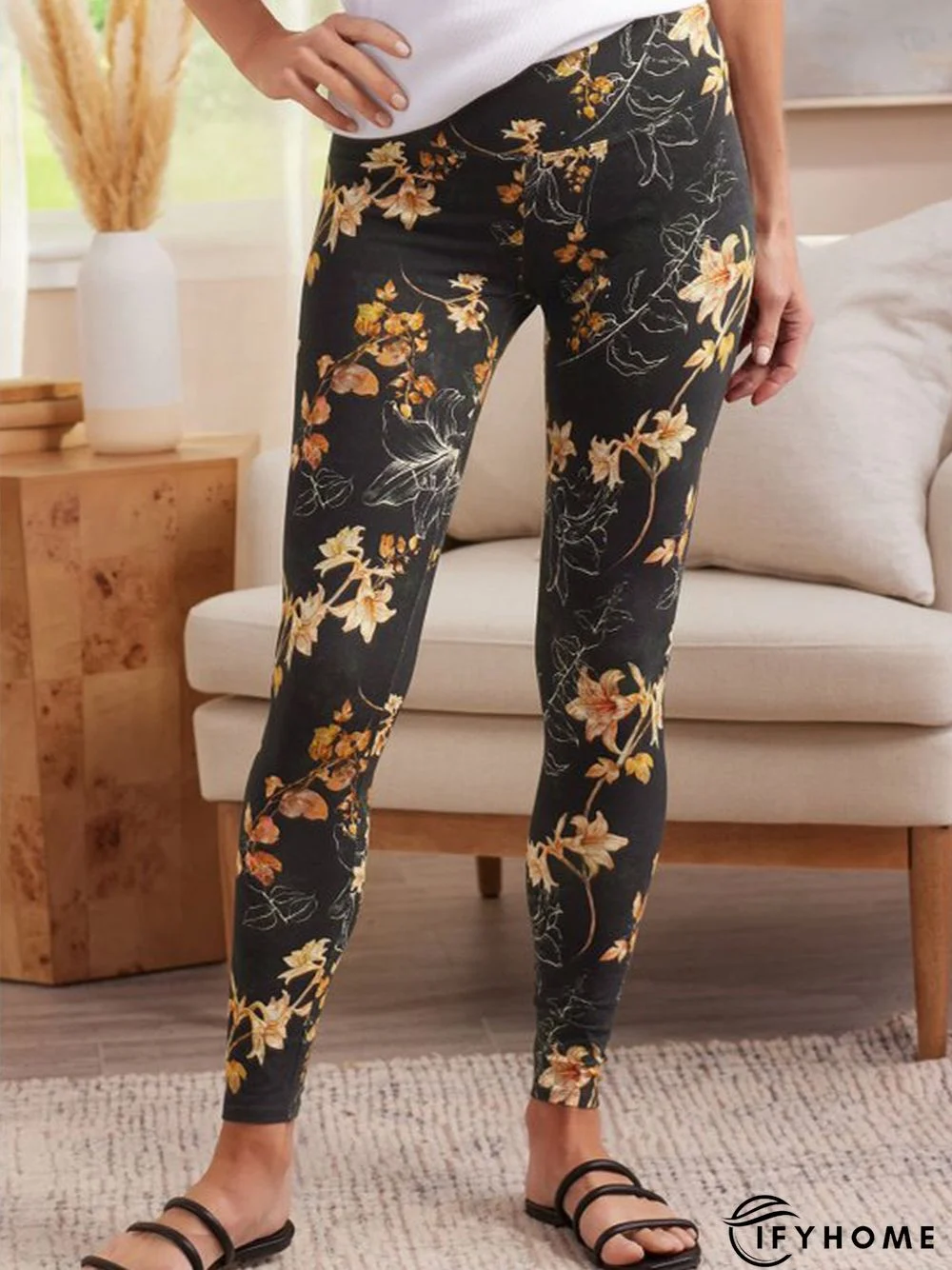 Casual Floral Autumn High Elasticity Regular Fit Elastic Band Best Sell Long H-Line Leggings for Women | IFYHOME