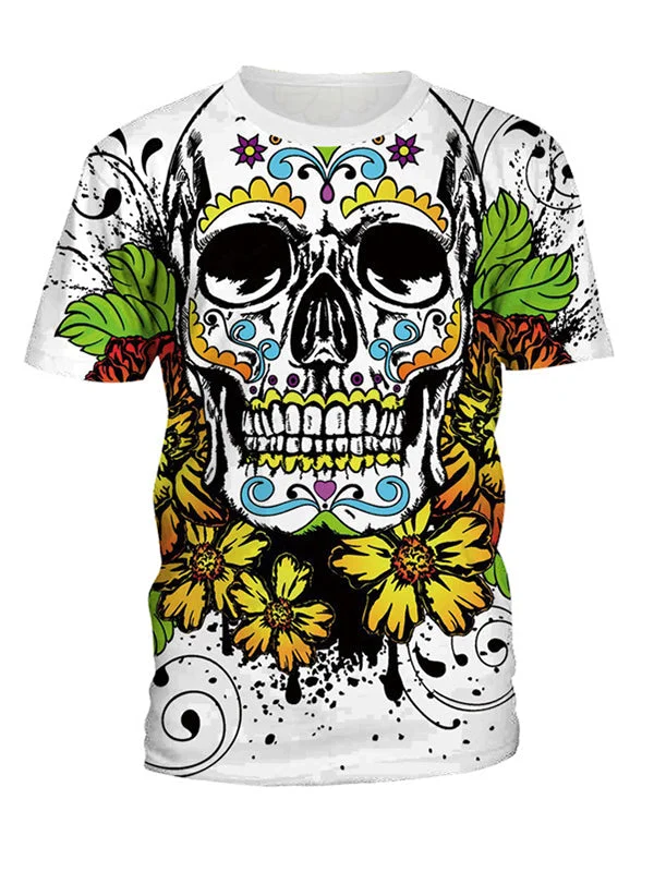 Skull 3d Printed Round Neck Loose T-shirt