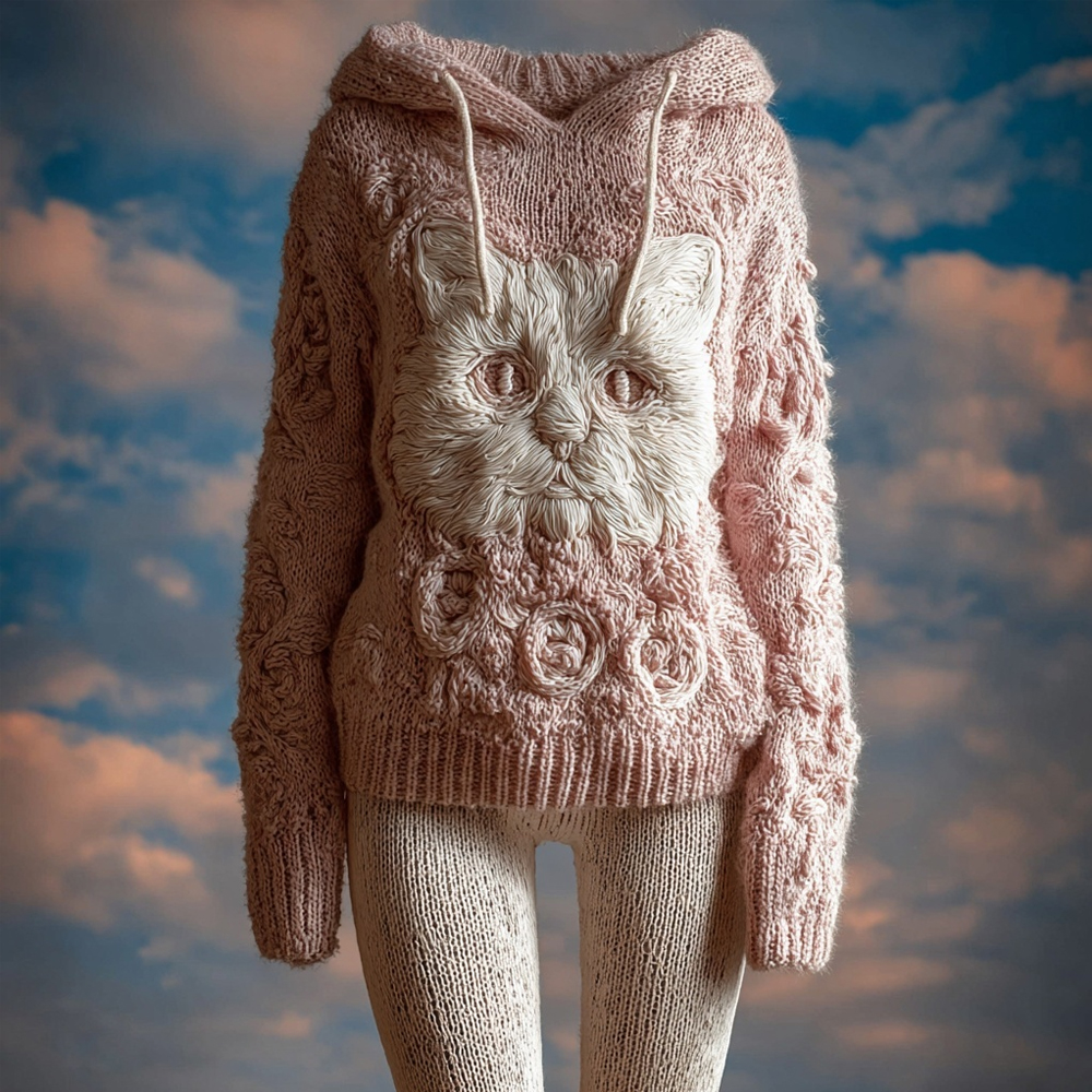 Cute Cat Face Embroidered Cozy Hooded Sweater