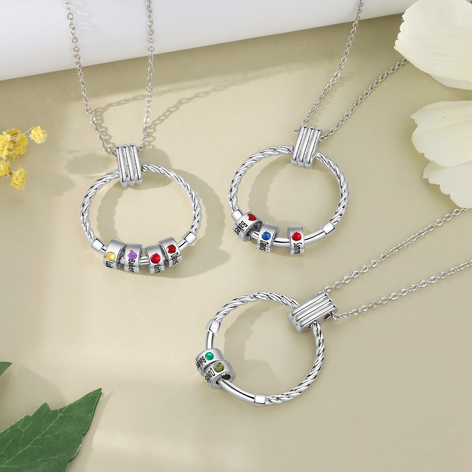 2 Names - Personalised Circle Pendant Necklace Custom Birthstones & Names Necklace Birthday Gift for Her-Jessemade AU