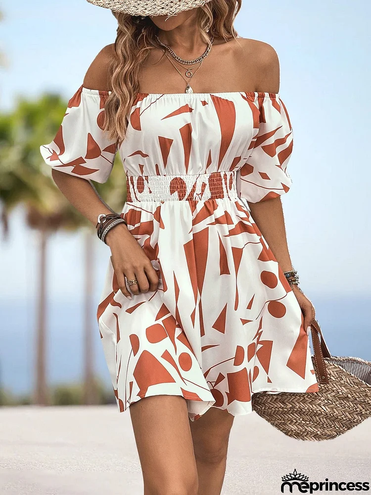 Printed Off-Shoulder Smocked Waist Dress