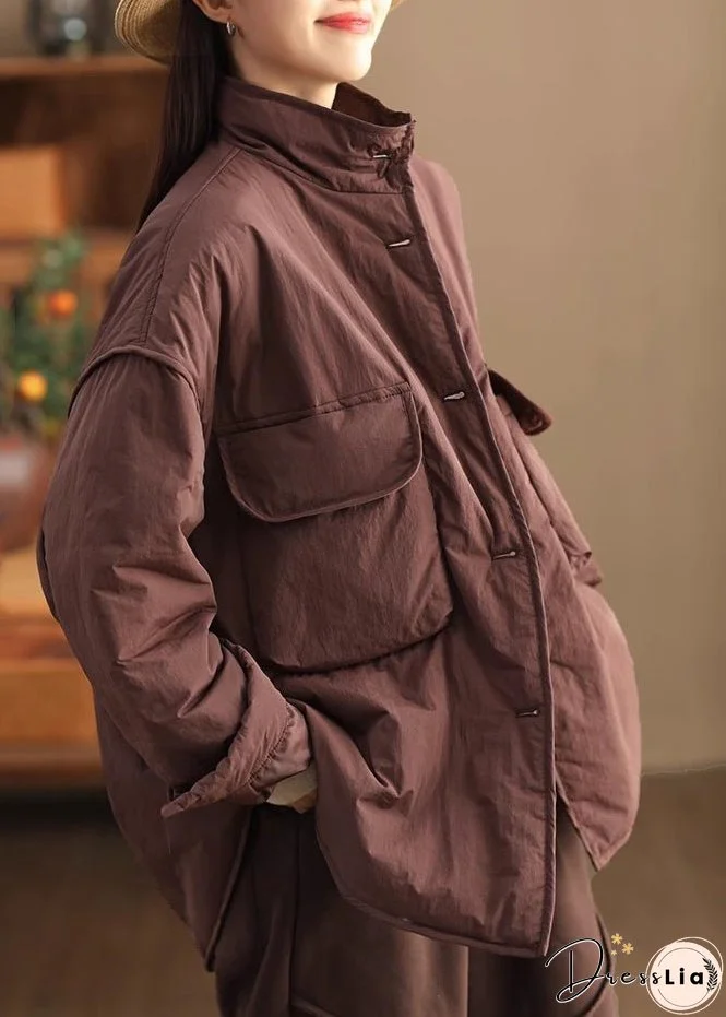 Stylish Loose Mulberry Stand Collar Pockets Fine Cotton Filled Jacket Winter