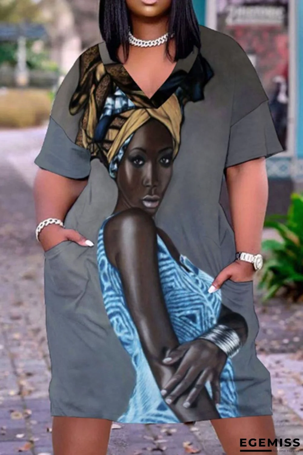 Dark Gray Casual Street Print Patchwork V Neck Straight Dresses | EGEMISS