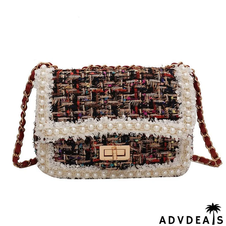 Women Fashion Color Block Clap Lock Pearl Chain Shoulder Bag