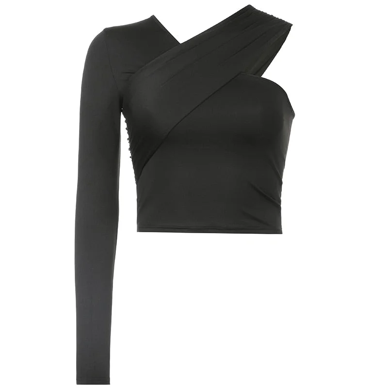 BIIKPIIK Soild Women's T-shirts Asymmetrical V Neck One-shoulder Slim Female Streetwear Crop Tops Autumn All-match Vinatge Tees