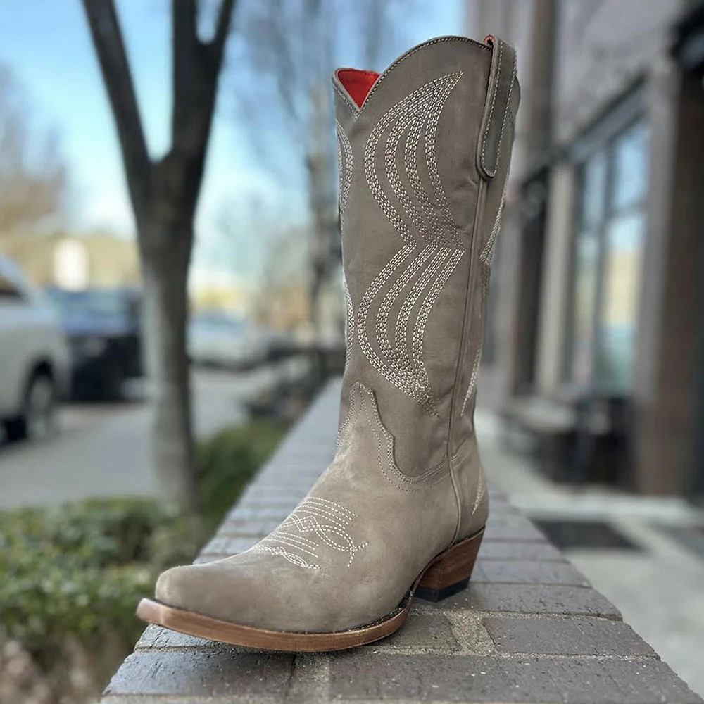 Grey Vegan Suede Snip Toe Embroidered Western Boots for Women