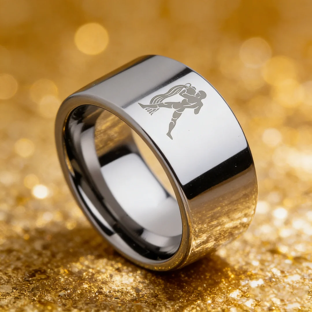 4MM 6MM 8MM 10MM Silver Zodiac Aquarius Laser Couple Wedding Bands Flat Tungsten Carbide Rings for Men and Women
