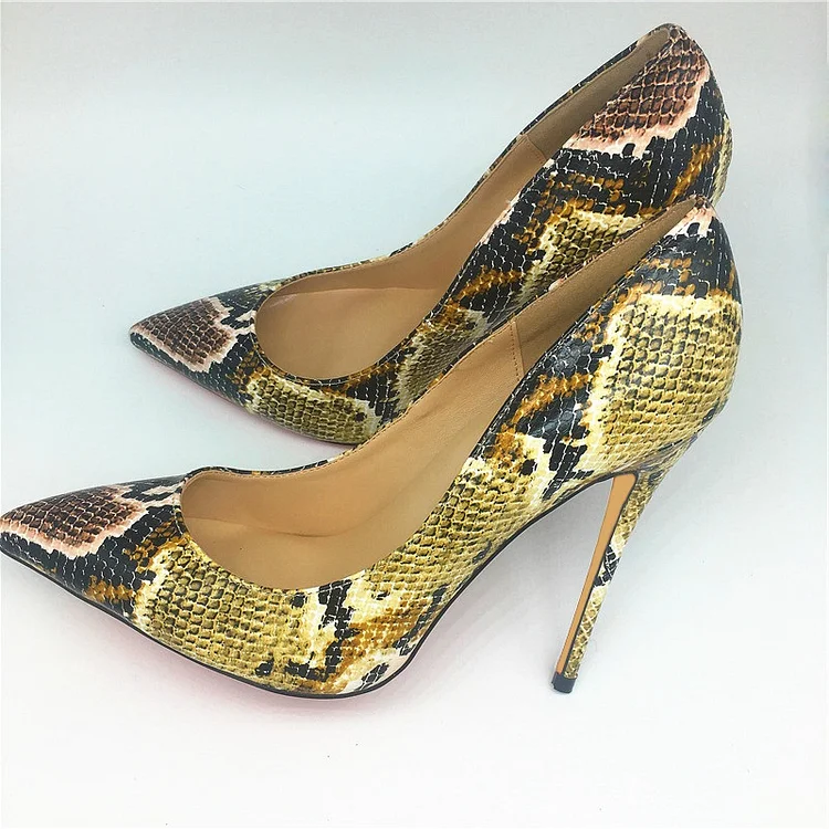 Women's Yellow Stiletto Heels Pointy Toe Python Pumps |FSJ Shoes
