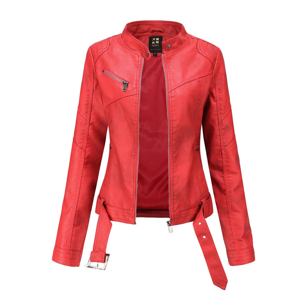 European Size Jacket Women's Short With Belt Leather Top