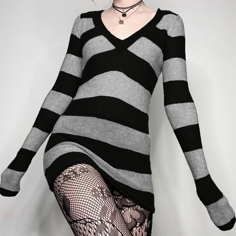 y2k Grunge Striped Knitted V Neck Sweater Dress for Women Mall Goth Emo Vintage Mini Dress Fall Winter Slim Fit Jumpers Aiertu