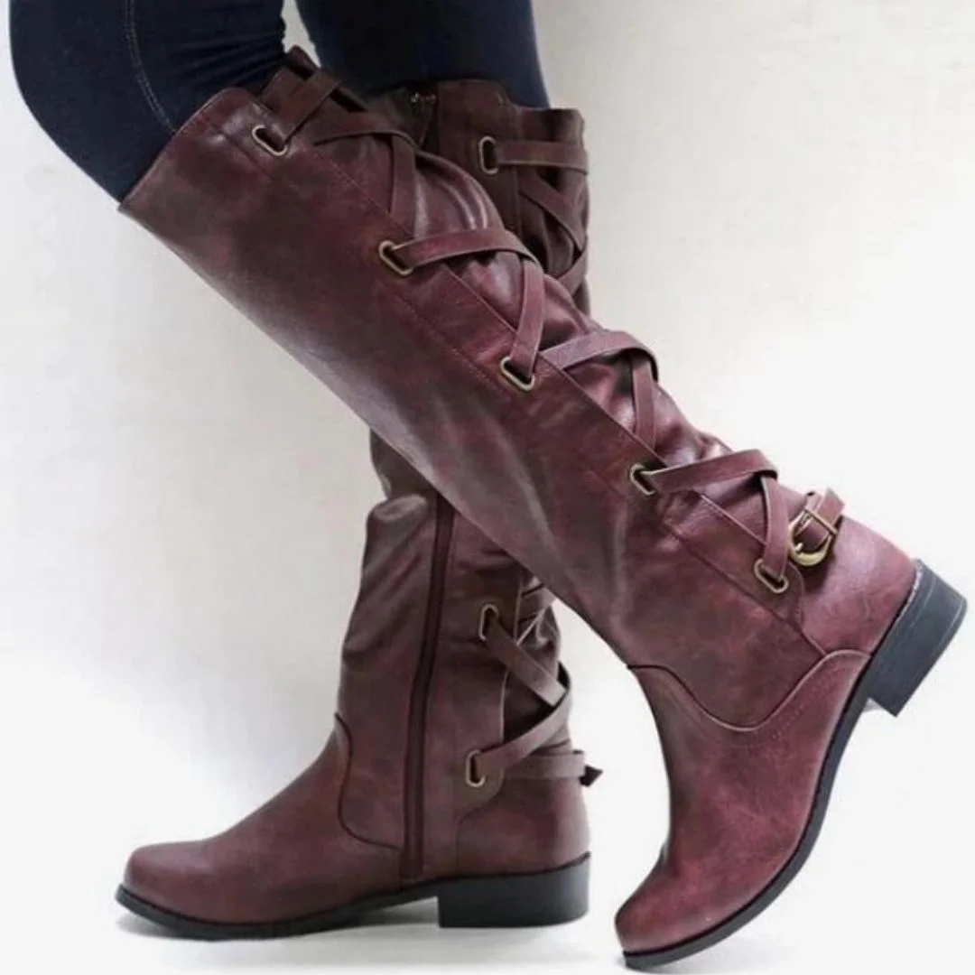 Women Winter New Knee High Boots Waterproof Leather Made Unique Strap Shoes Design