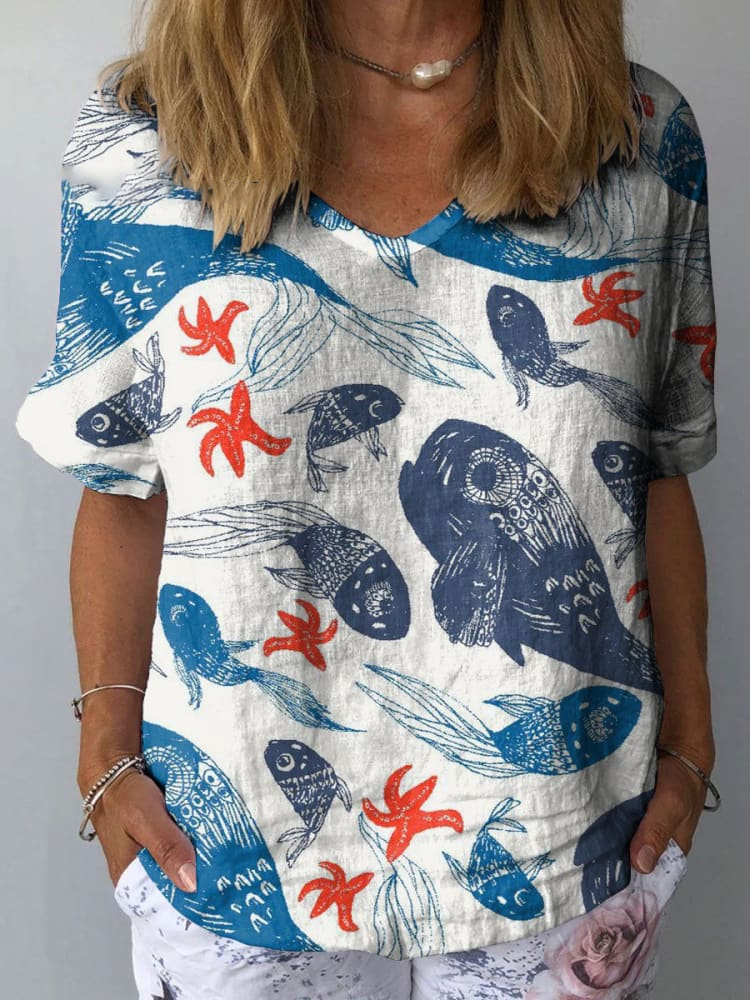 Womens Underwater World Fish  Pattern Print Cotton And Linen Top