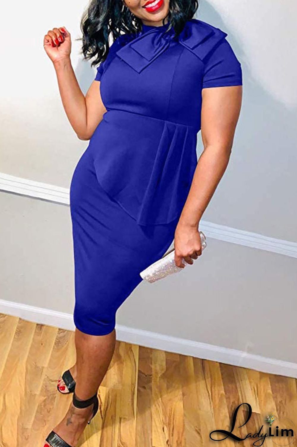 Coral Powder Casual Solid Patchwork Asymmetrical With Bow O Neck One Step Skirt Dresses