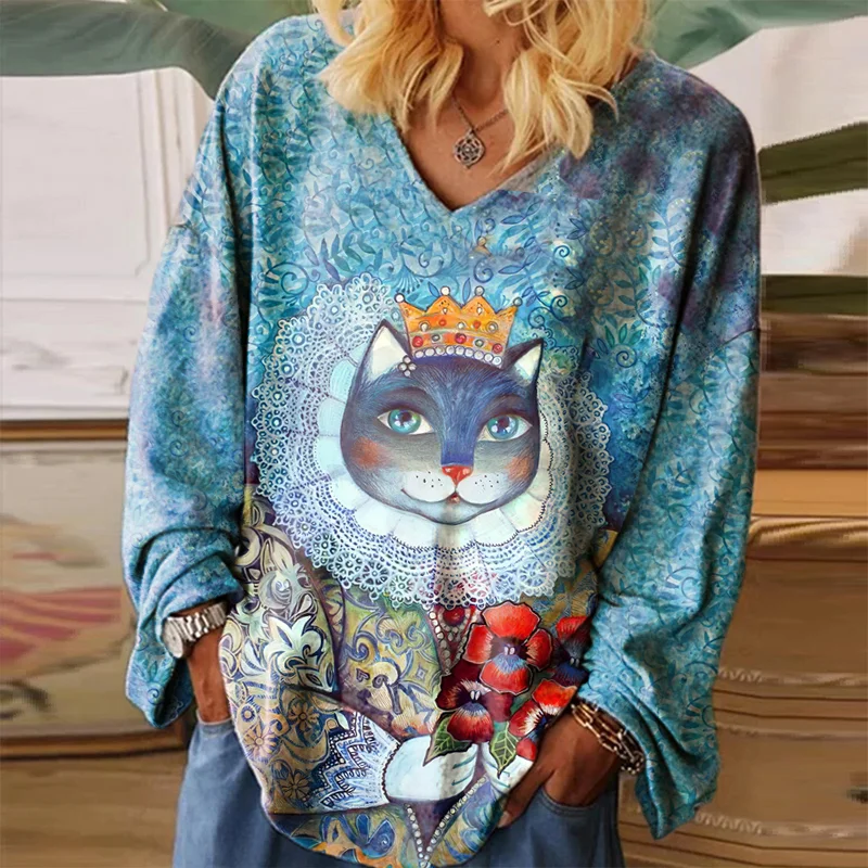 Classic Cat King Printed Casual Women's T-shirt