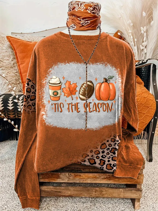 Women's Football Tis The Season Pumpkin Maple Leaf Print Round Neck Sweatshirt 