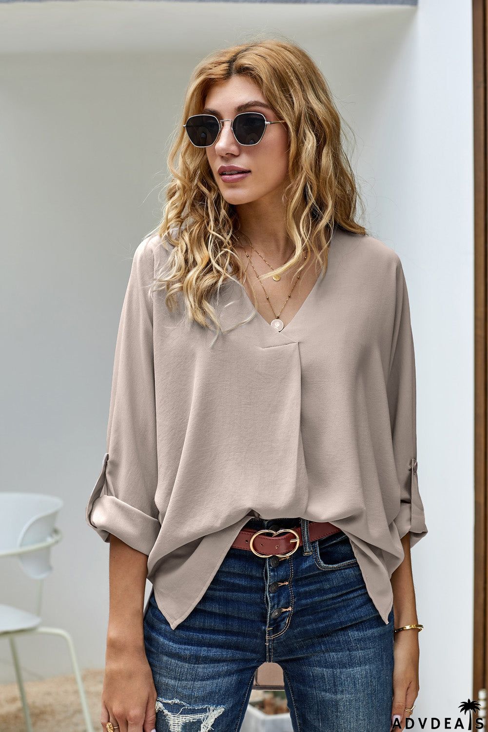 Elegant Apricot V Neck 3/4 Sleeve High Low Hem Shirt