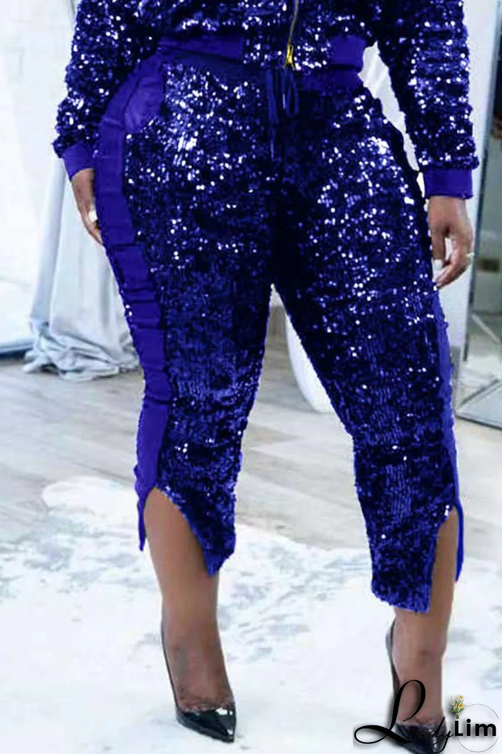 Blue Sexy Solid Sequins Patchwork Slit High Waist Pencil Patchwork Bottoms (Only Bottoms)