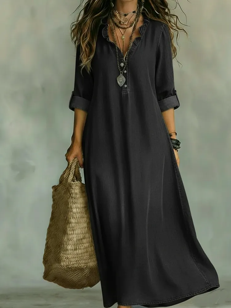 Romantic Ruffled Collar Denim Dress