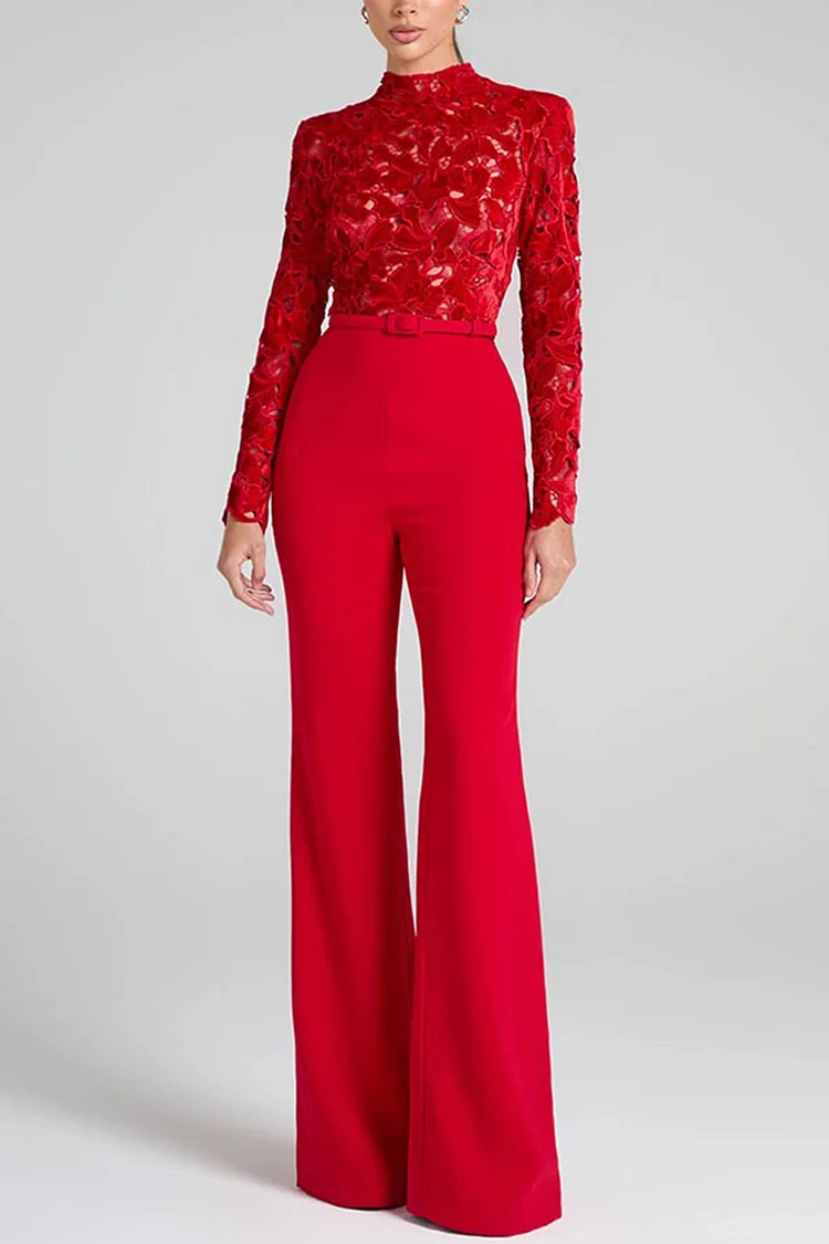 Lace Bodice Long Sleeve Flare Leg Belt Jumpsuit-Red