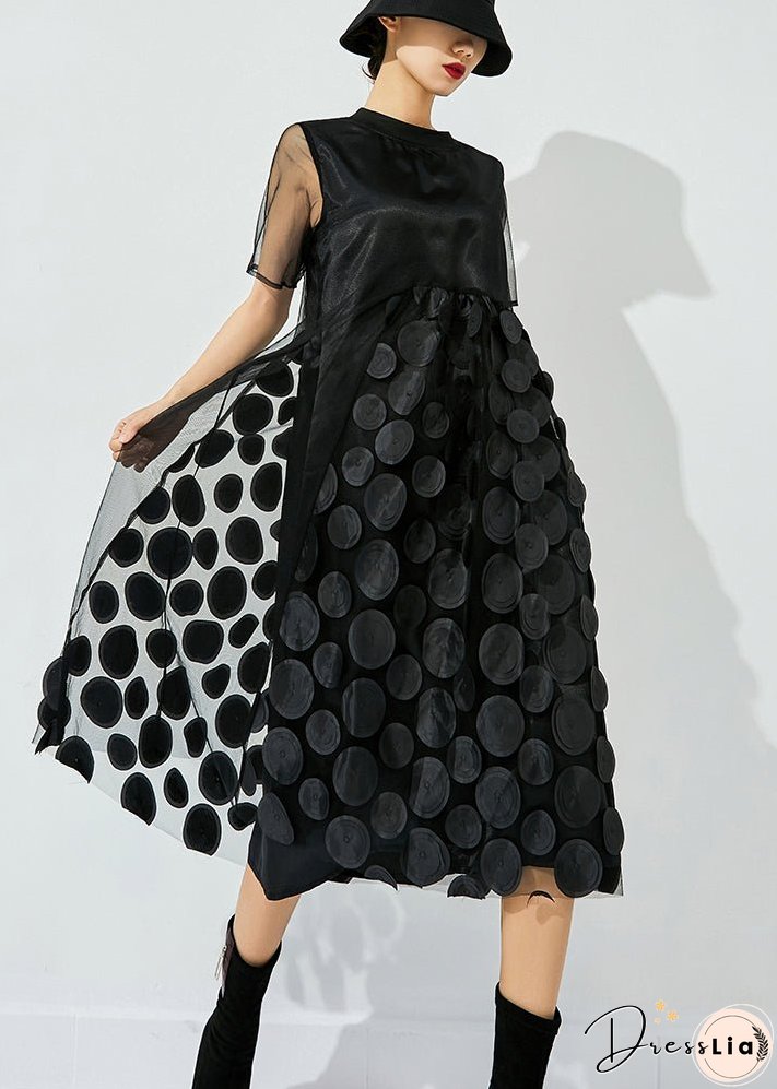 Women Tea Green O-Neck Patchwork Dot Tulle Holiday Dress Summer