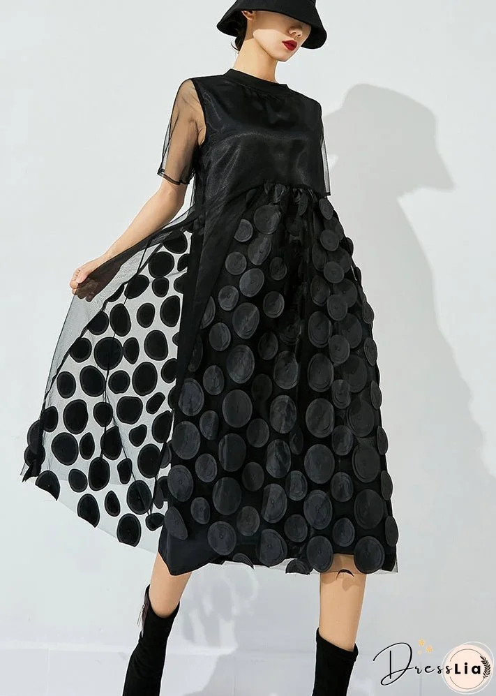 Women Tea Green O-Neck Patchwork Dot Tulle Holiday Dress Summer