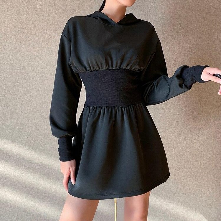 GOTH HOODIE CORSET BLACK MINI DRESS