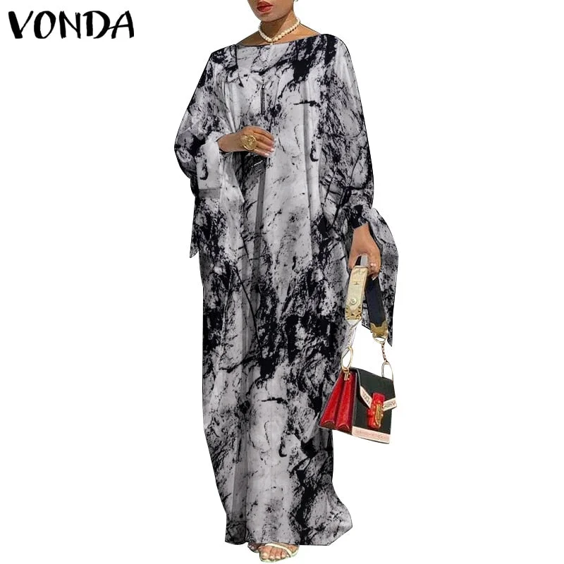 VONDA Robes Women 2022 Vintage Printed Long Sleeve Dresses Casual Loose Bohemian Vestidos Summer Casual Loose Long Maxi Sundress