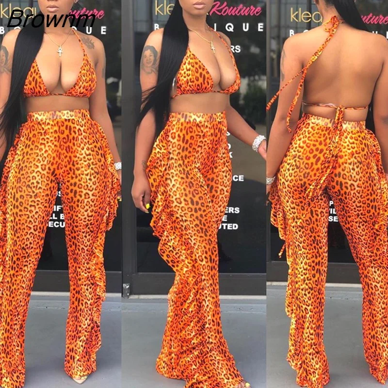 Brownm Tie Dye Print Mesh Summer Beach Two Piece Set with Panties Women Sexy Bra Halter Crop Top Ruffle Wide Leg Pants Suit