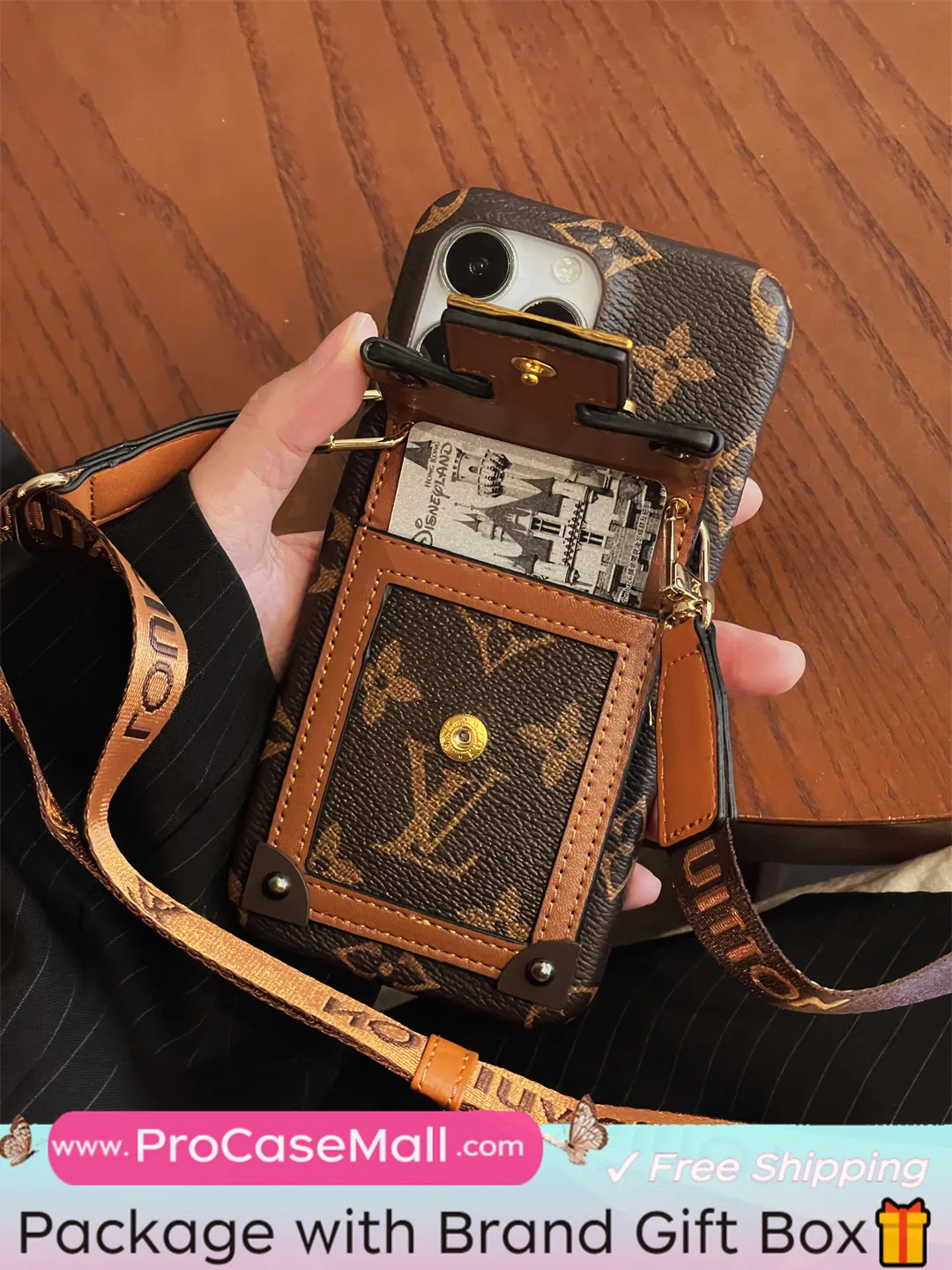 LV Canvas Leather Wallet Card Holder Crossbody Apple iPhone Case