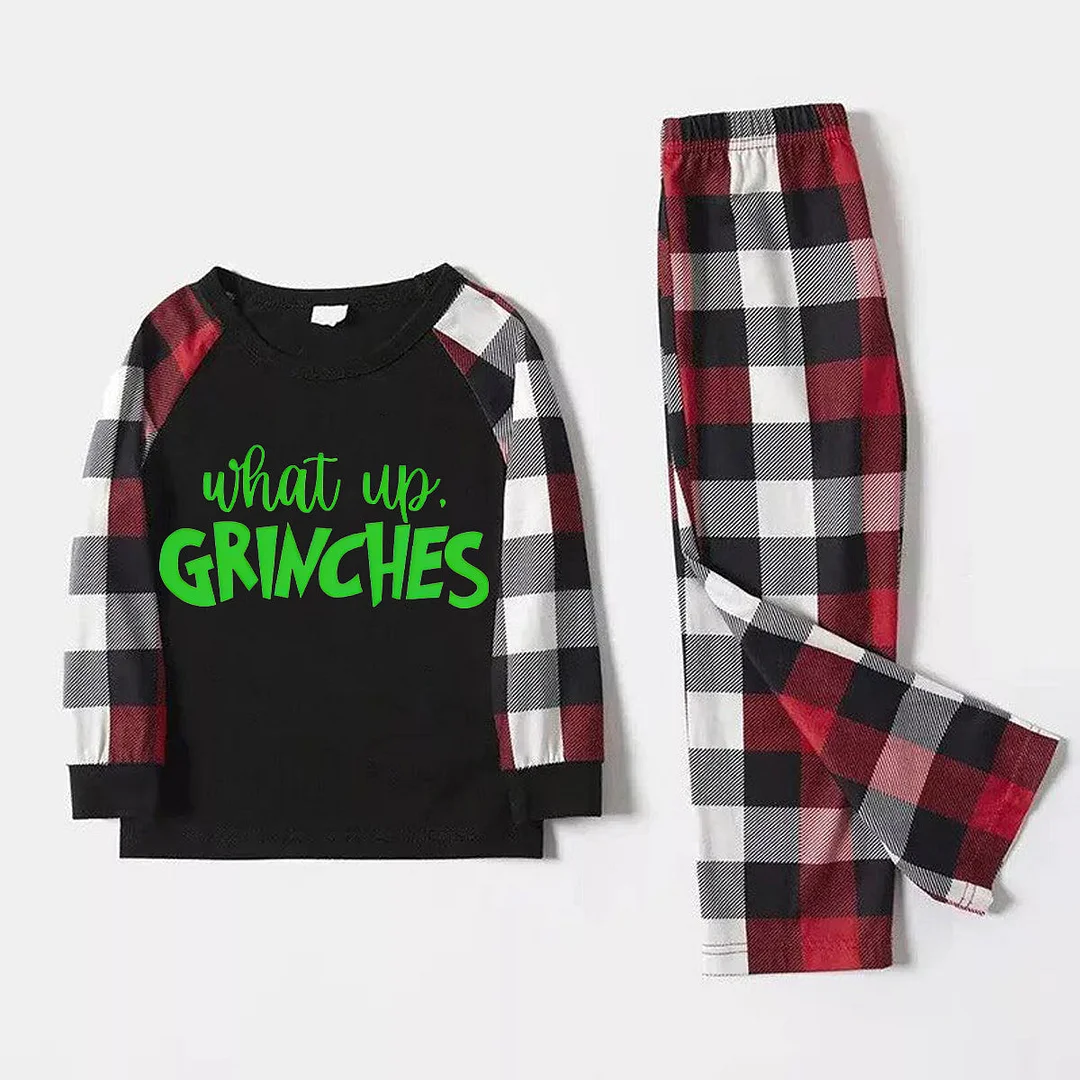 Christmas 'What Up' Letter Print Casual Plaid Sleeve Contrast Tops and Red & Black & White Plaid Pants Family Matching Pajamas Set With Dog Bandana