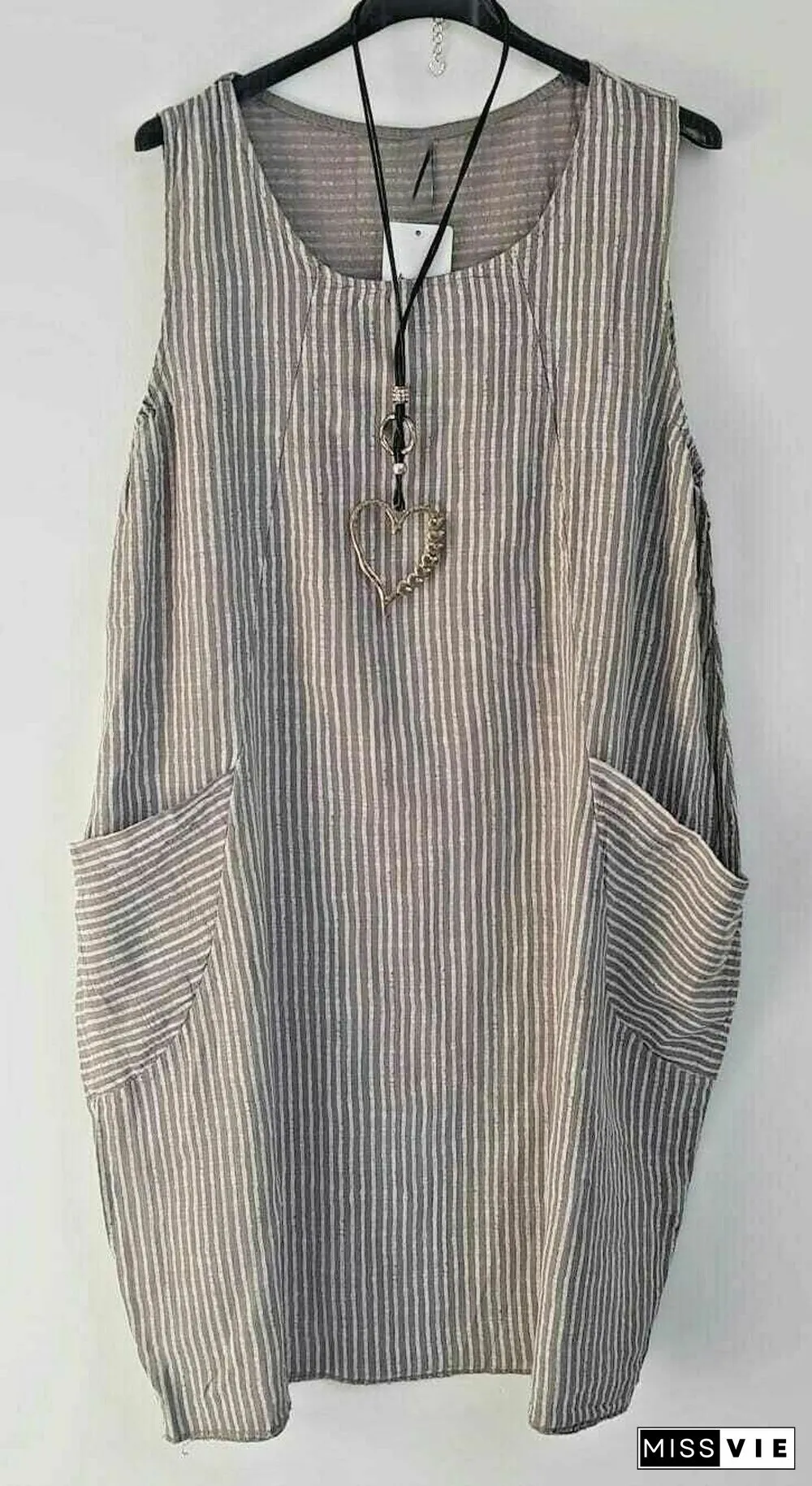 Ladies Stripe Design Summer Linen Cotton Long Pocket Top