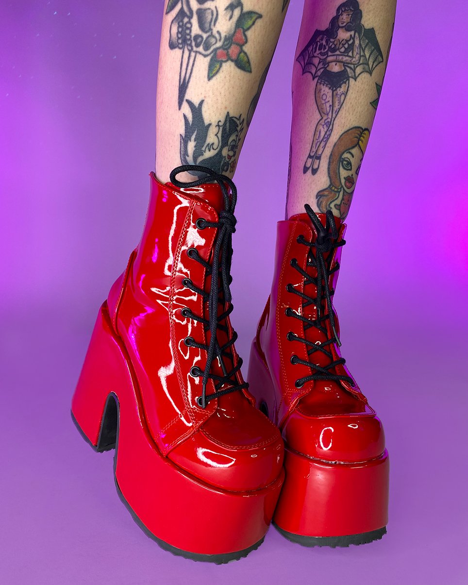 Red Patent Chunky Lace-Up Boots