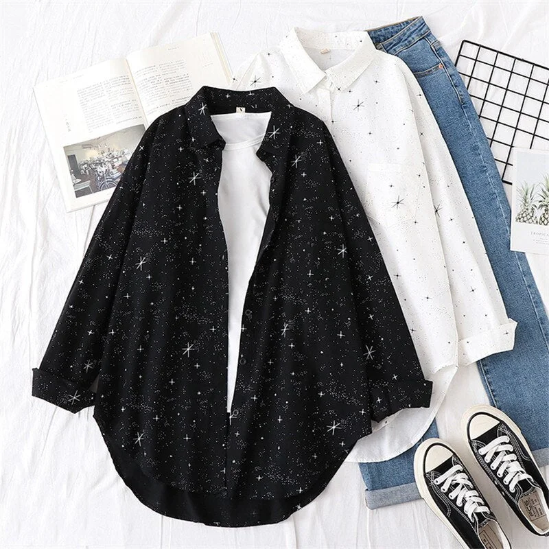 Women Blouses Shirts Tunic Womens Tops And Blouses 2020 Womenswear Long Sleeve Clothing Button Up Down White Star New Fashion
