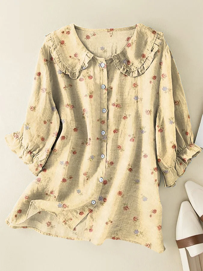 Vintage Floral Loose Fit Peter Pan Ruffle Collar Shirt