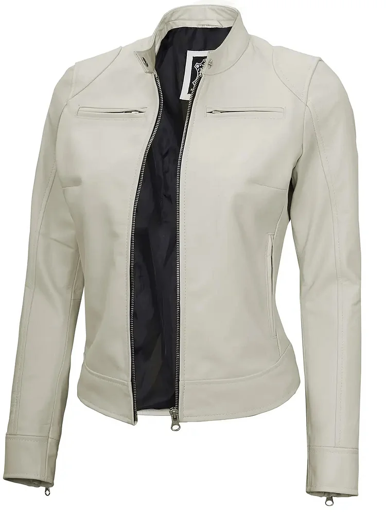 Dodge Women's Off White Cafe Racer Motorcycle Leather Jacket QueenFunky