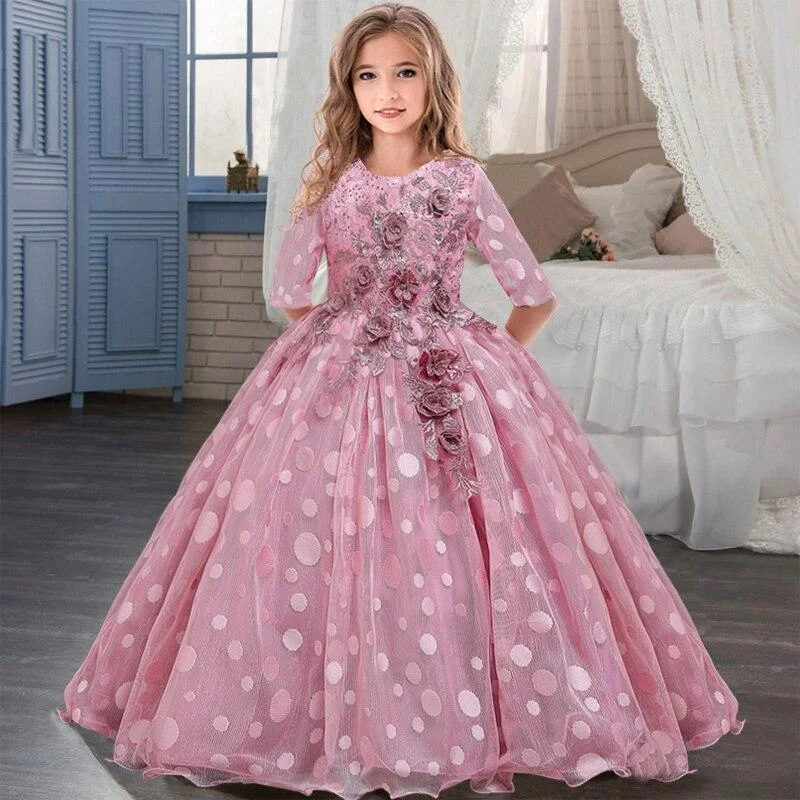 2021 Summer Long Sleeve Flower Girl Dress Elegant Kids Dresses For Girls Party And Wedding Bridesmaid Princess Dress 10 12 Years