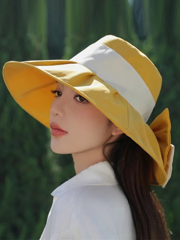 Split-Joint Pleated Contrast Color Bowknot Sun Hat Fisherman Hat
