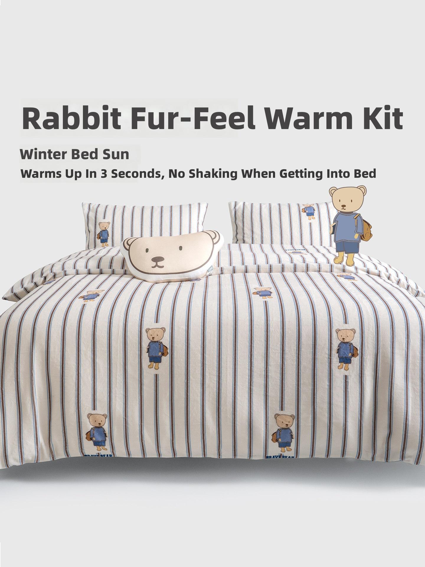Rabbit Fur-Feel Warm Bedding Set with Adorable Bear Print &ndash; Instant Heat, Cozy Winter Comfort