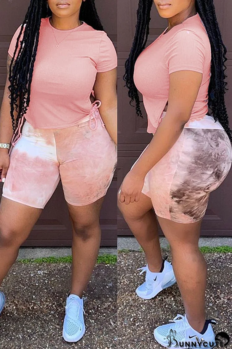Pink Fashion Casual Print Bandage Patchwork O Neck Short Sleeve Two Pieces