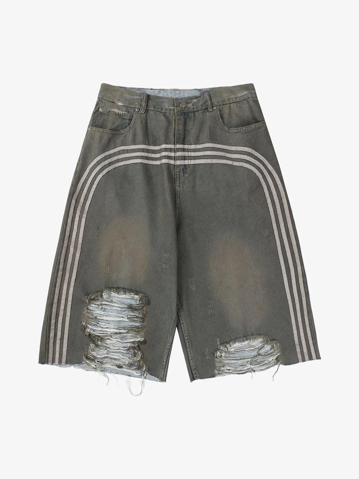Blue Act Chic Dirty Dye Washed Distressed Stripe Longline Jorts Front