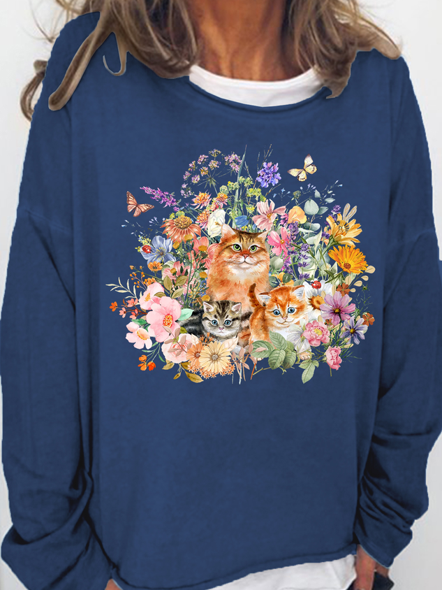 Women's Floral Vintage Garden Cat Crew Neck Cotton-Blend Casual Sweatshirt socialshop