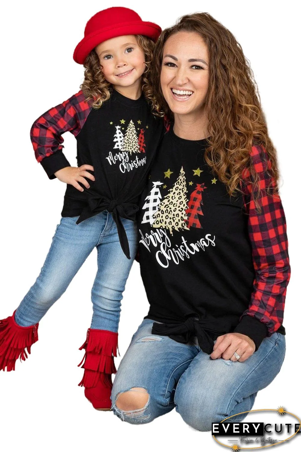 Family Matching Mom's Plaid Christmas Print Tie Knot Long Sleeve Top