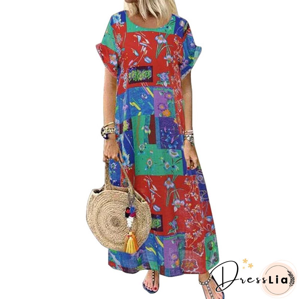 Women Summer Short Sleeve Fashion Printed Dress Party Beach Kaftan Long Maxi Dress Plus