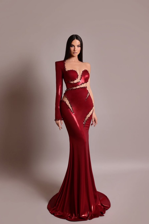 Red One Shoulder Long Prom Dress Mermaid with Sequins QL0089