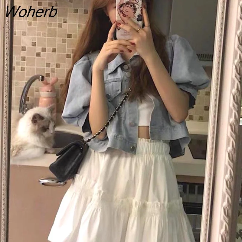 Woherb Jackets Women Crop Tops Vintage Retro Puff Sleeve Loose Single Breasted Basic Womens Outwear All-match Ulzzang Chic Tunic
